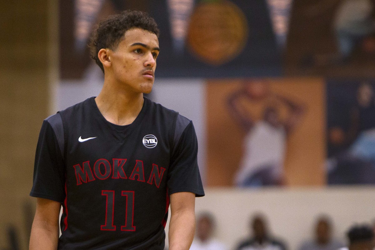 Mokan Elite Trae Young (11) reacts after a play during the second half of the Nike Peach Jam Finals against the PSA Cardinals at Riverview Park Activity Center.